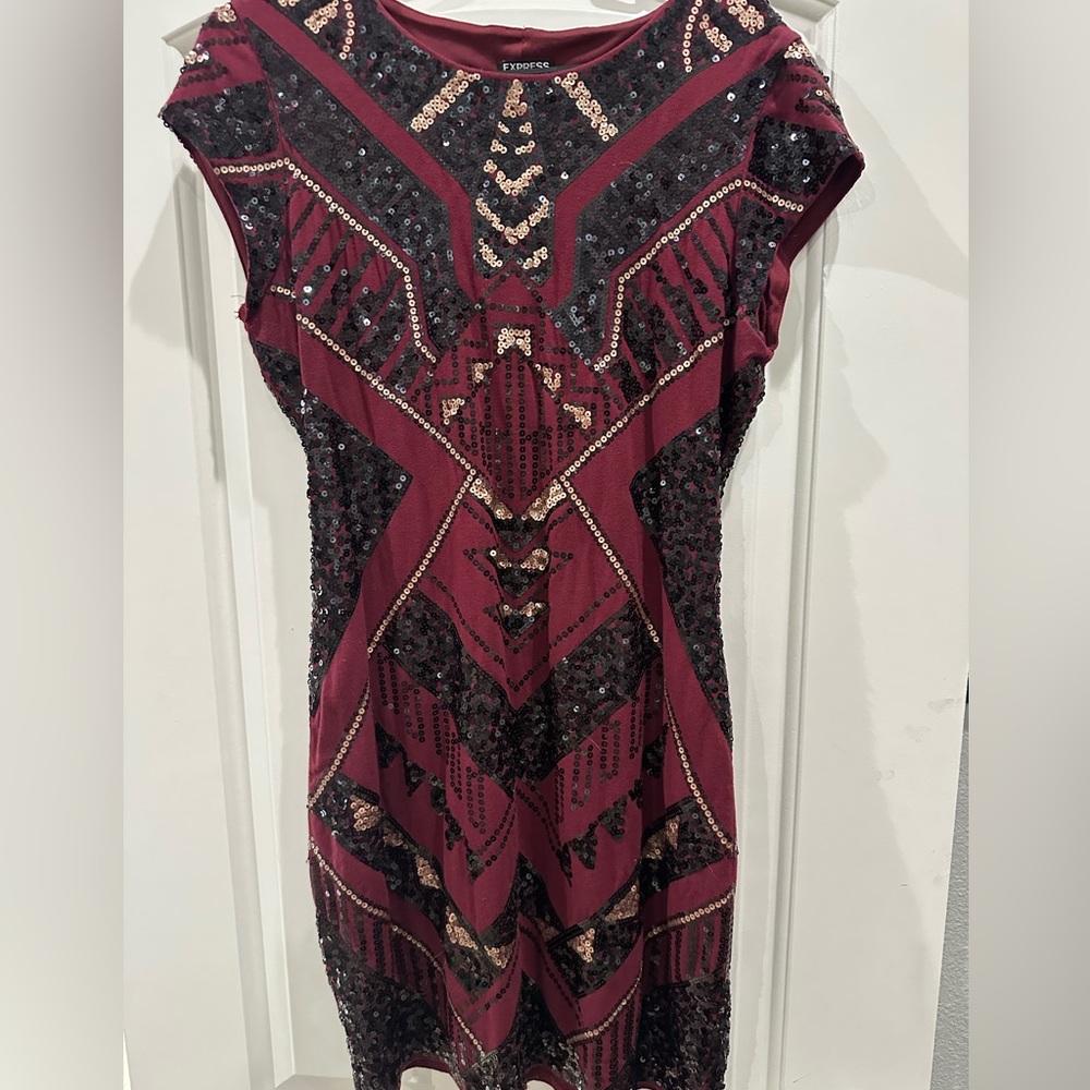 Express Maroon and Gold Sequin Dress